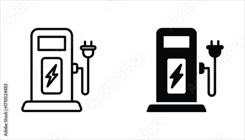 Electric Station for Vehicle Icon set. Charger with Plug for Electrical Power Auto Symbols. Charge Station for Green Energy Automobile. Vector Illustration for web design.
