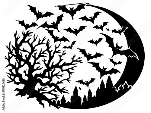 Bats Flying Over Haunted Tree Moon