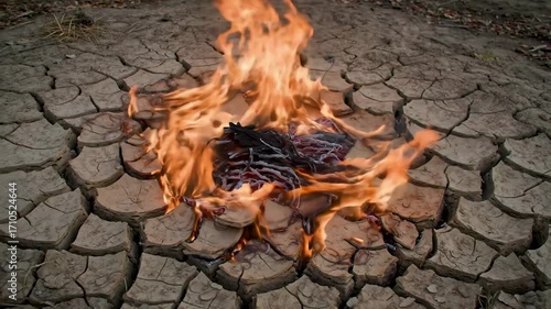 Fire burning in cracked earth