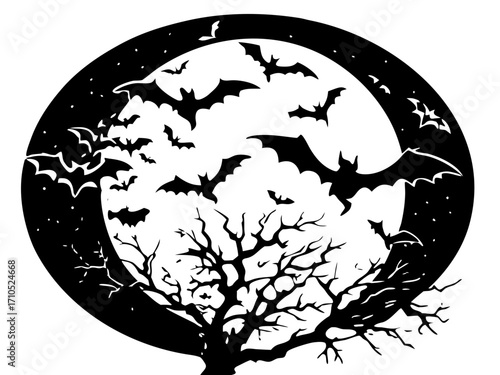 Bats Flying Over Haunted Tree Moon