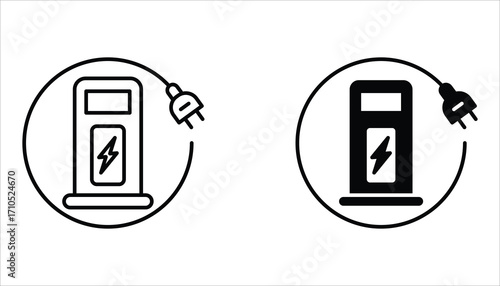 Electric Station for Vehicle Icon set. Charger with Plug for Electrical Power Auto Symbols. Charge Station for Green Energy Automobile. Vector Illustration for web design.