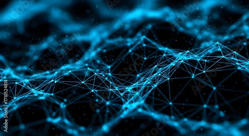 Abstract blue network connections with glowing nodes and particles against a dark  representing digital data or AI