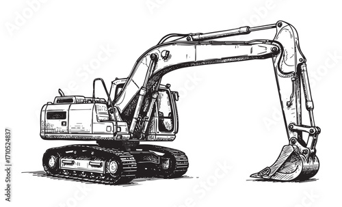 vintage excavator construction digger machine vintage line art style