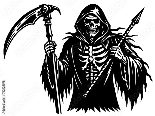 Grim Reaper Skeleton with Scythe Illustration