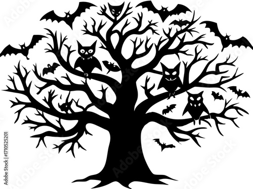 Haunted Tree with Owls and Bats Illustration