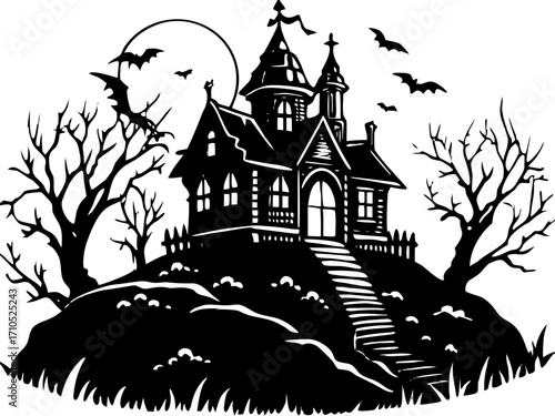 Haunted House with Bats and Trees