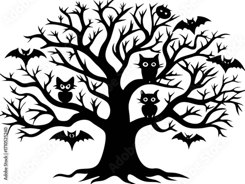 Haunted Tree with Owls and Bats Illustration