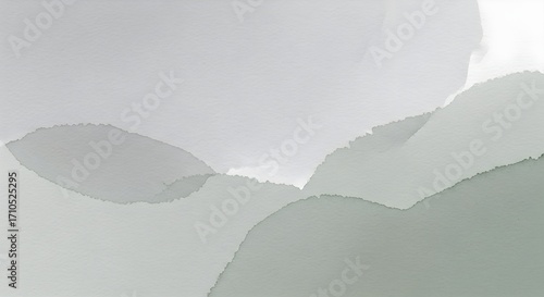 Abstract watercolor washes depicting layered hills in muted green and gray tones