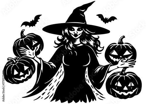 Witch with Raven Under Autumn Sky