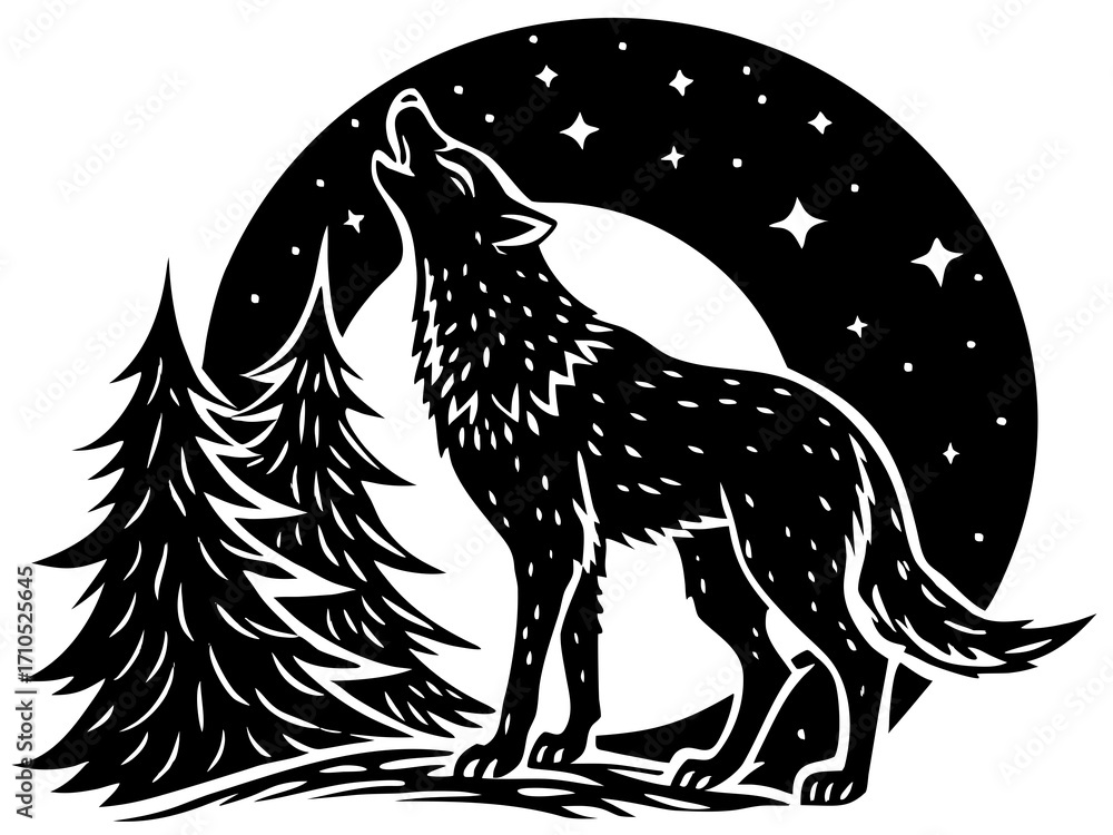 Obraz premium Howling Wolf Under Crescent Moon