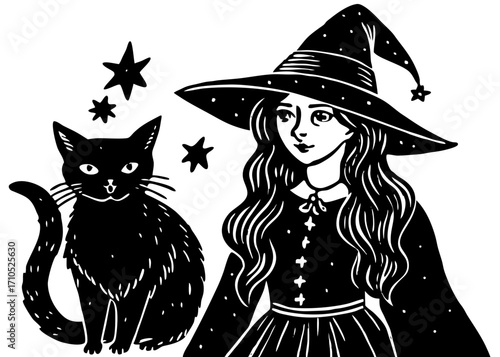 Witch with Black Cat and Stars Illustration