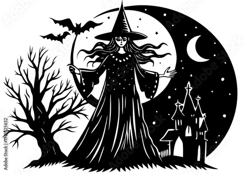 Witch Under Crescent Moon with Castle