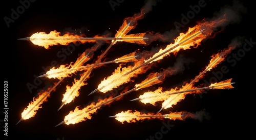 Flaming arrows fly against a dark background