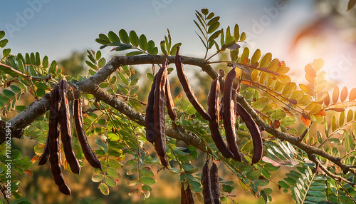 The Ripe Pods Of The Carob Tree Ceratonia Siliqua Have Matured On The Branches And Are Ready For Harvest