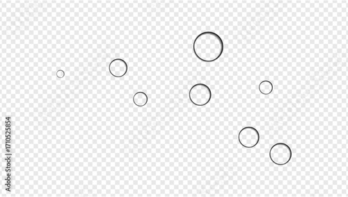 Water droplets, round, circle, sweat, rain, moisture, liquid image. Stock vector with transparency grid background