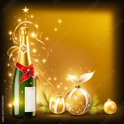 Bouteille de vin pétillant et boules de noël dans une ambiance dorée.