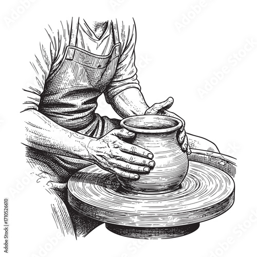 man doing pottery activity vintage line art style