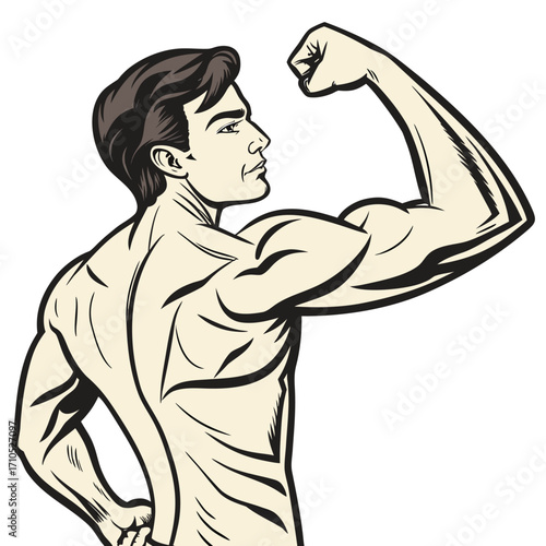 A stylized illustration of a muscular man flexing his right arm, shown from the back and side, highlighting defined shoulders, arms, and back muscles.