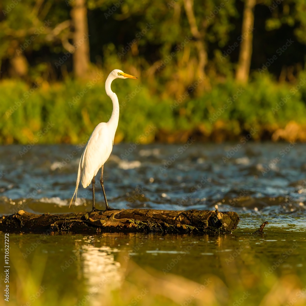Naklejka premium Egrets on log by the river