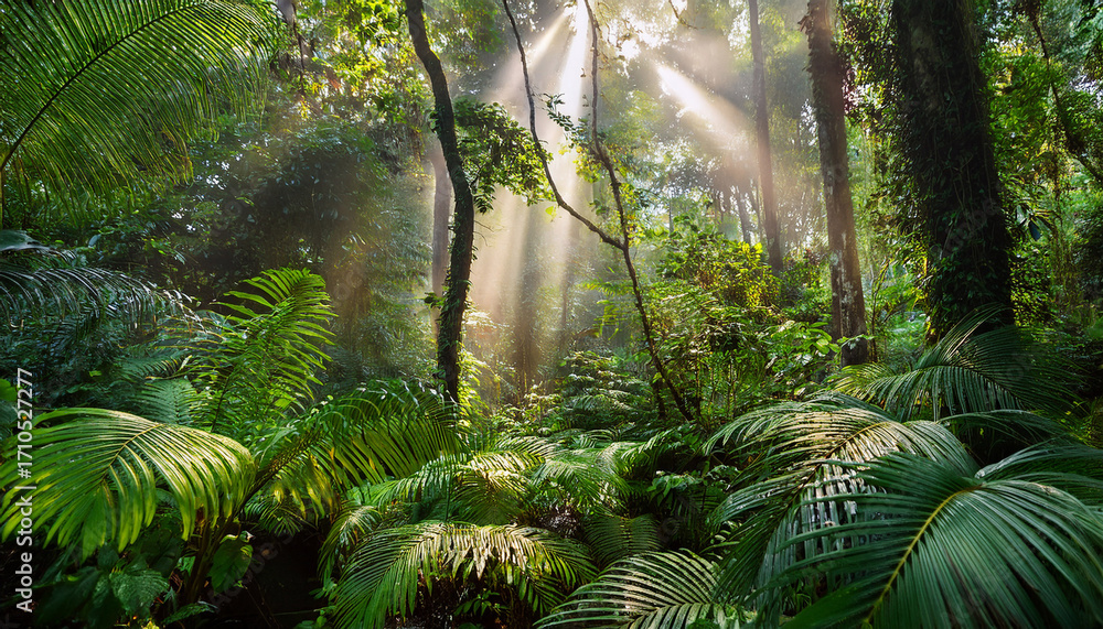 Fototapeta premium Lush Tropical Rainforest With Vibrant Greenery And Sunlight Beams Piercing Through The Dense Canopy