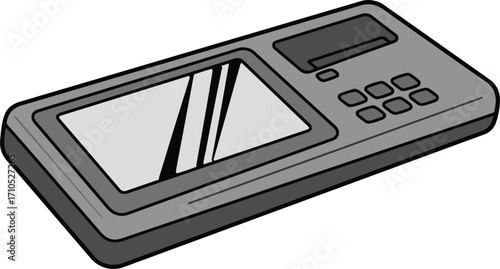 Gray handheld device with screen and keypad.