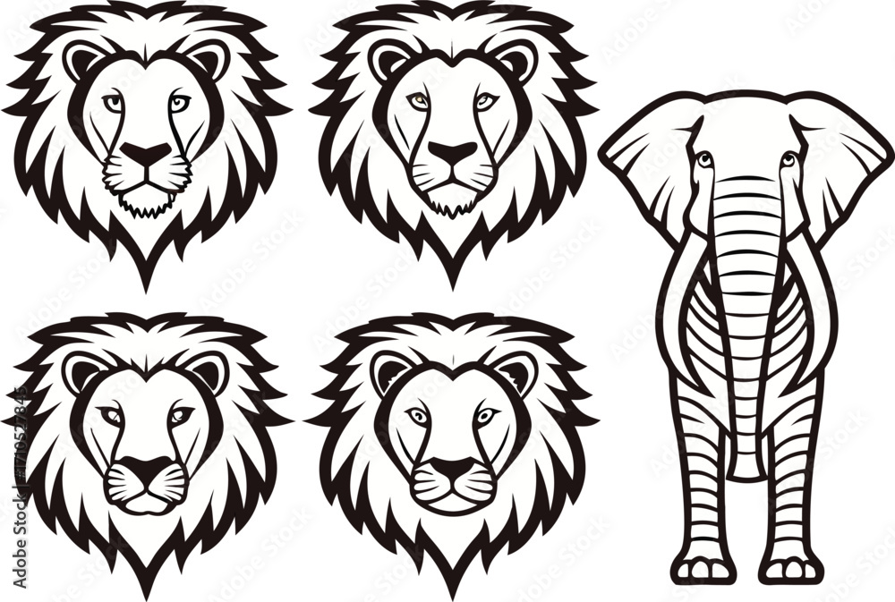 Obraz premium African Safari Wildlife Illustration. Safari Animals in Savannah. Lion and Elephant Safari Scene. Safari Giraffe Standing Tall. Safari Zebra in Grassland. Safari Rhino Wildlife Art. Safari Animals