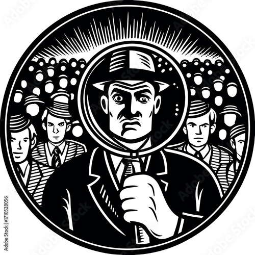 Man with magnifying glass examining crowd people