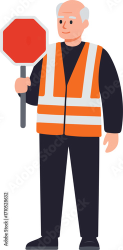 An elderly man in an orange safety vest holds a stop sign.