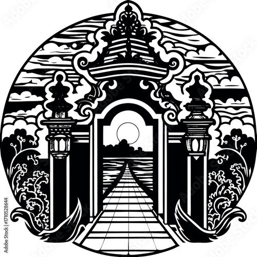 Ornate archway framing a sunlit path over water with stylized clouds and foliage gate