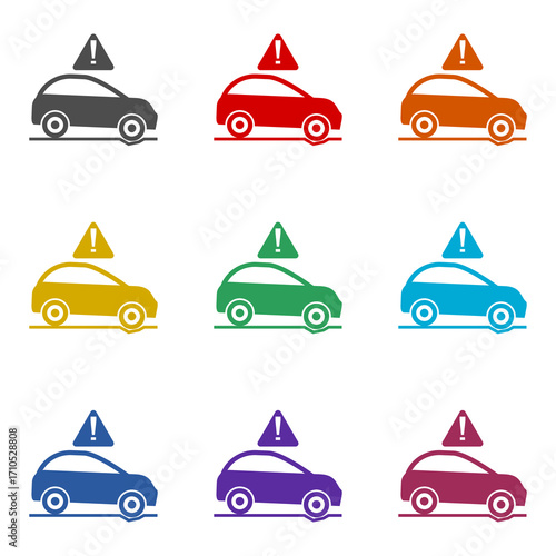 Pothole warning icon with a car isolated on white background. Set icons colorful