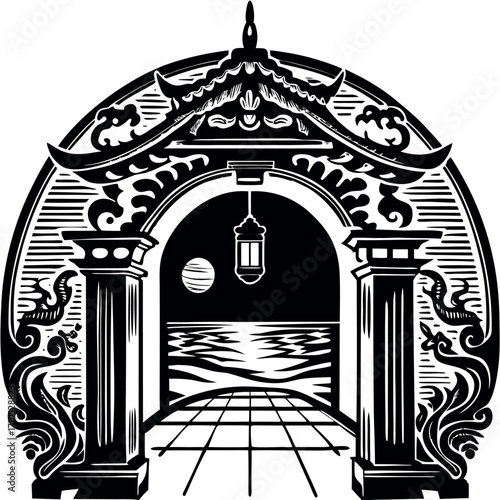 Ornate archway framing moonlit ocean and celestial body decorative black and white