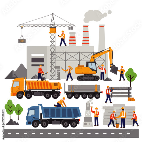 Illustration of a construction site with workers, trucks, excavator, crane, factory building, and industrial activity.