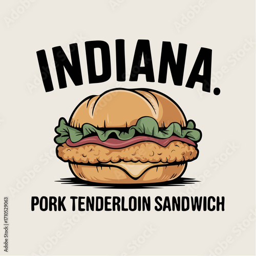 Indiana pork tenderloin sandwich vector illustration for Midwestern branding