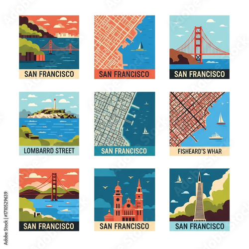 Nine stylized illustrations of San Francisco landmarks and cityscapes, including the Golden Gate Bridge, Alcatraz, and city maps.
