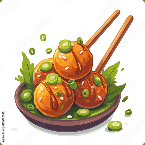 Vector illustration of Japanese takoyaki balls on wooden skewers with sauce and toppings, isolated on a white background