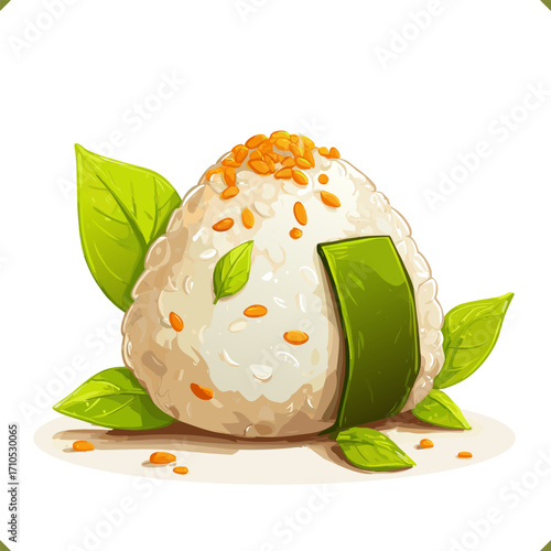Vector illustration of Japanese onigiri rice ball with sesame seeds, seaweed wrap, and fresh leaves, traditional food, isolated on a white background