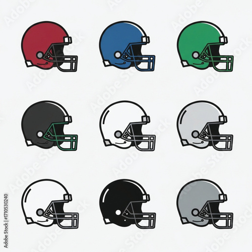 Collection of nine stylized football helmets in various colors, arranged in a grid format on a white background.