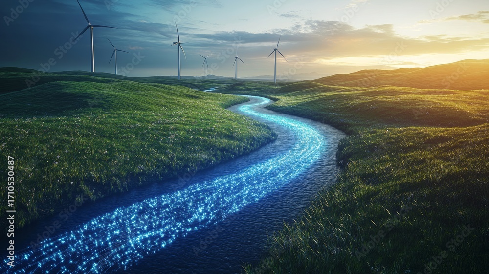 Fototapeta premium Scenic wind farm and meandering river at sunset with renewable energy focus