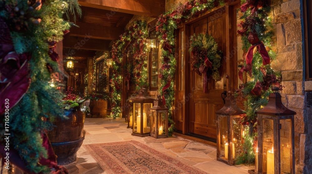 Fototapeta premium Christmas house glowing with festive lights in magical fairytale winter