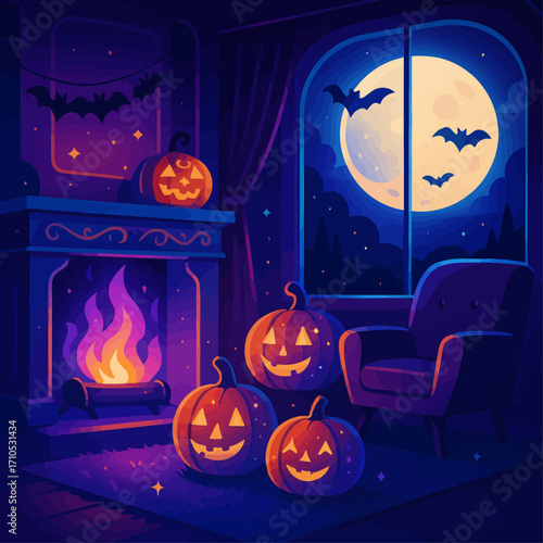 Cozy Halloween night illustration featuring glowing jack-o’-lanterns, crackling fireplace, full moon, and bats outside the window in a festive autumn setting