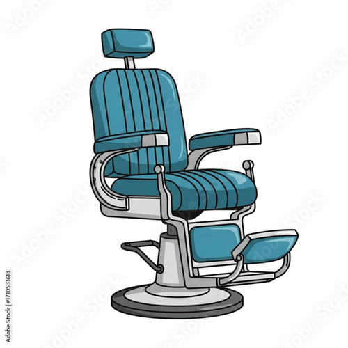 Illustration of a vintage-style barber chair in shades of blue and silver, featuring a cushioned seat, backrest, headrest, armrests, and footrest.