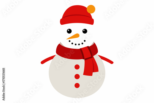 Cute Snowman Illustration with Red Hat and Scarf on White on white background