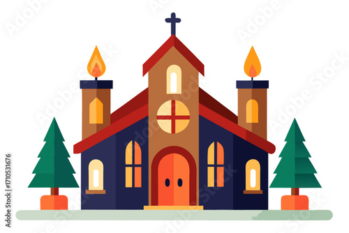 Wallpaper Mural Flat Design Illustration of a Church with Trees and Candles on white background Torontodigital.ca