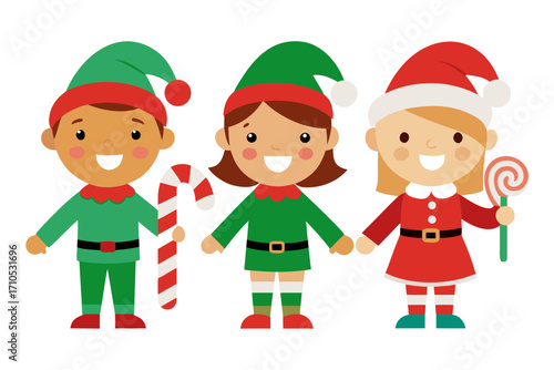 Three smiling Christmas elves with candy cane and lollipop illustration on white background