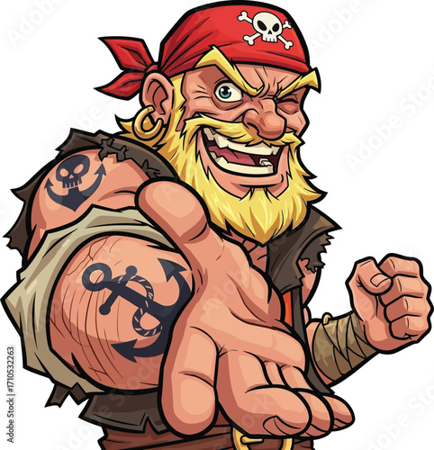 Fierce cartoon pirate character with red bandana and skull tattoo offering hand for adventure on white isolated background vector