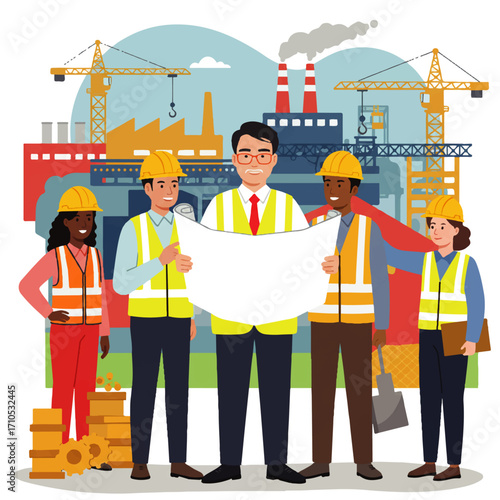 A diverse team of construction workers and an architect review a blueprint in front of a factory with cranes and smokestacks.