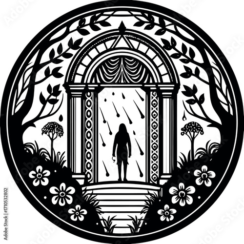 Silhouette figure standing beneath an arched doorway with falling shapes and surrounding foliage