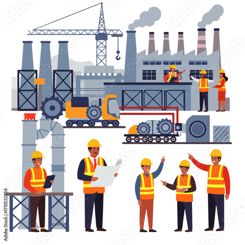 Illustration of a factory with chimneys emitting smoke, construction crane, and engineers in hard hats and safety vests overseeing operations and reviewing blueprints.