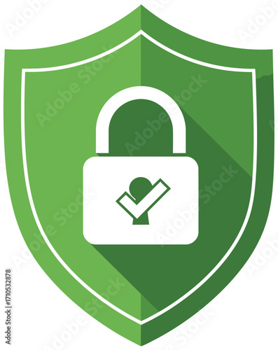 Green shield with locked padlock and checkmark symbol symbolizing security privacy data protection and cyber safety concept vector