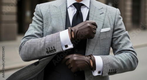 Man in tweed suit gloves cuffs and tie